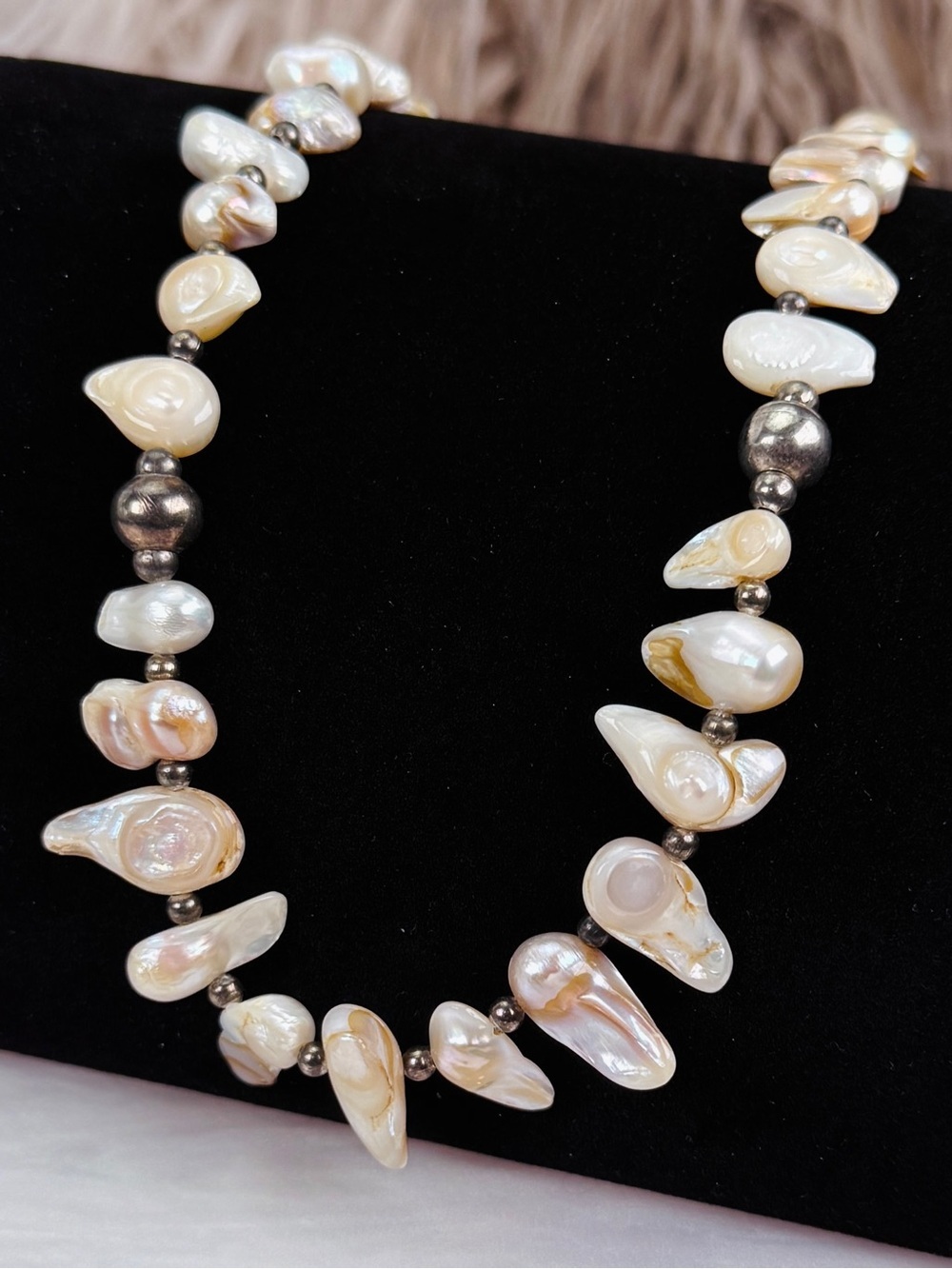 Baroque Freshwater Pearl Necklace Gray Bead Toggle Clasp Statement